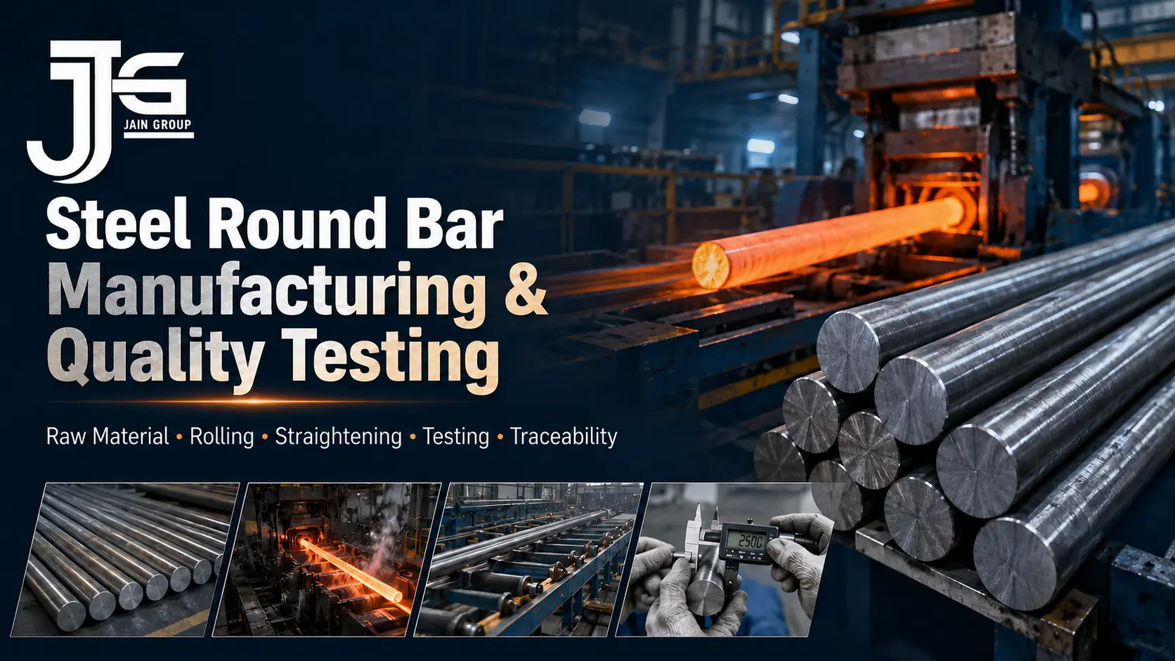 Steel round bar manufacturing process showing rolling and quality testing