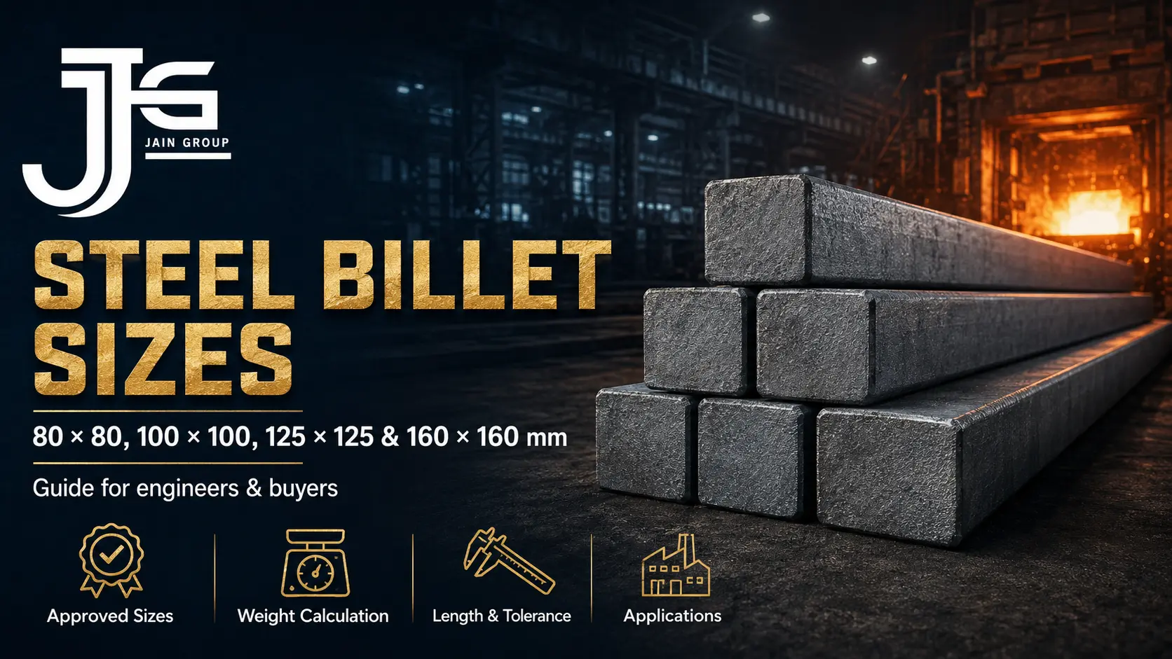 Steel billet sizes guide covering 80 by 80, 100 by 100, 125 by 125 and 160 by 160 mm square billets