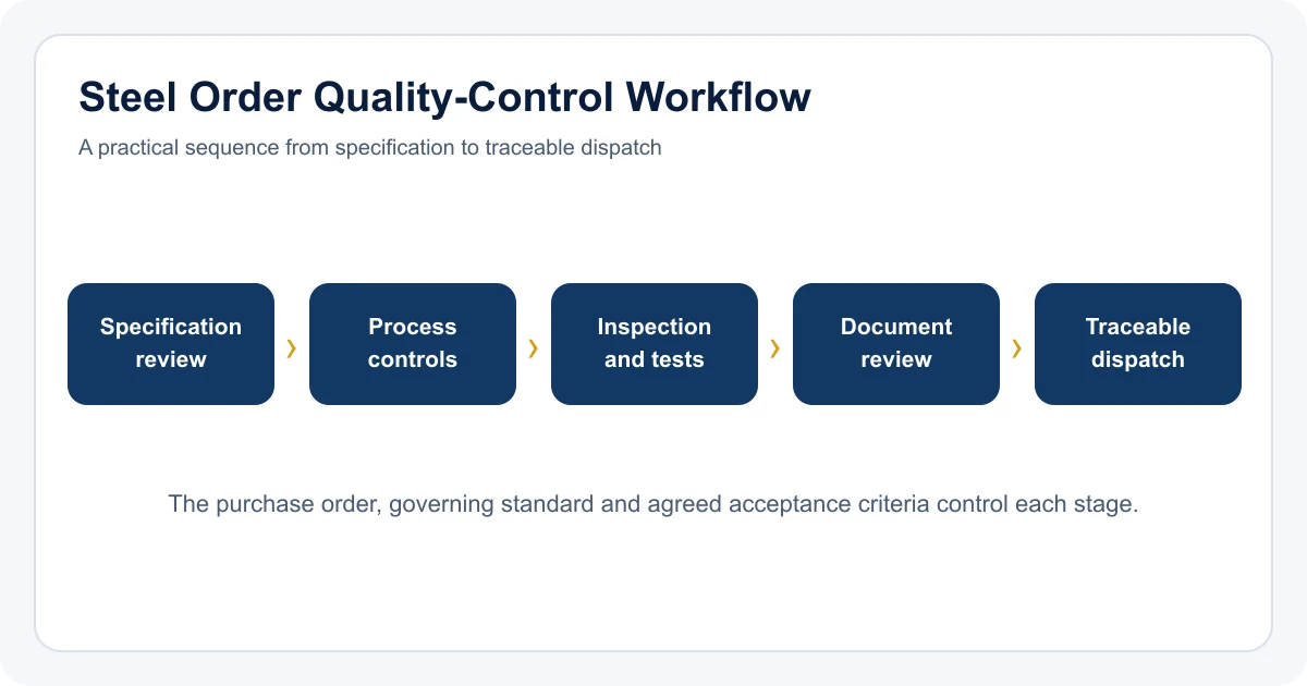 Workflow from steel specification review to inspection and traceable dispatch